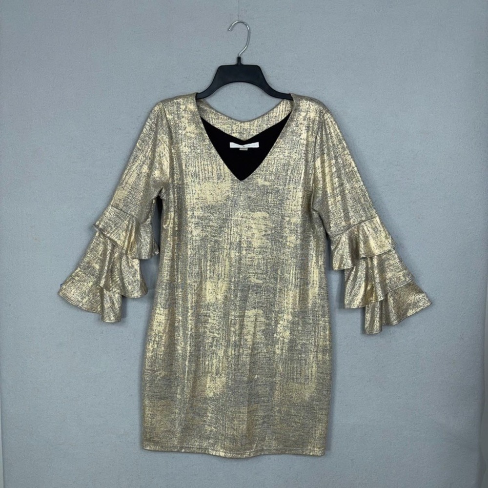 Boston Proper Dress Womens Medium Gold Metallic Tiered Ruffle Sleeve Party Glam